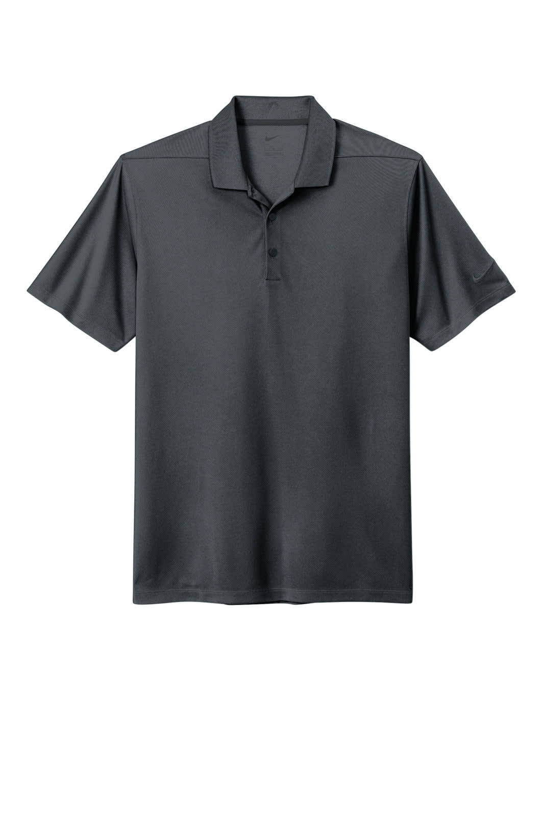 A grey Nike Dri-FIT Micro Pique 2.0 polo shirt with a collar and three buttons, featuring a logo on the sleeve.