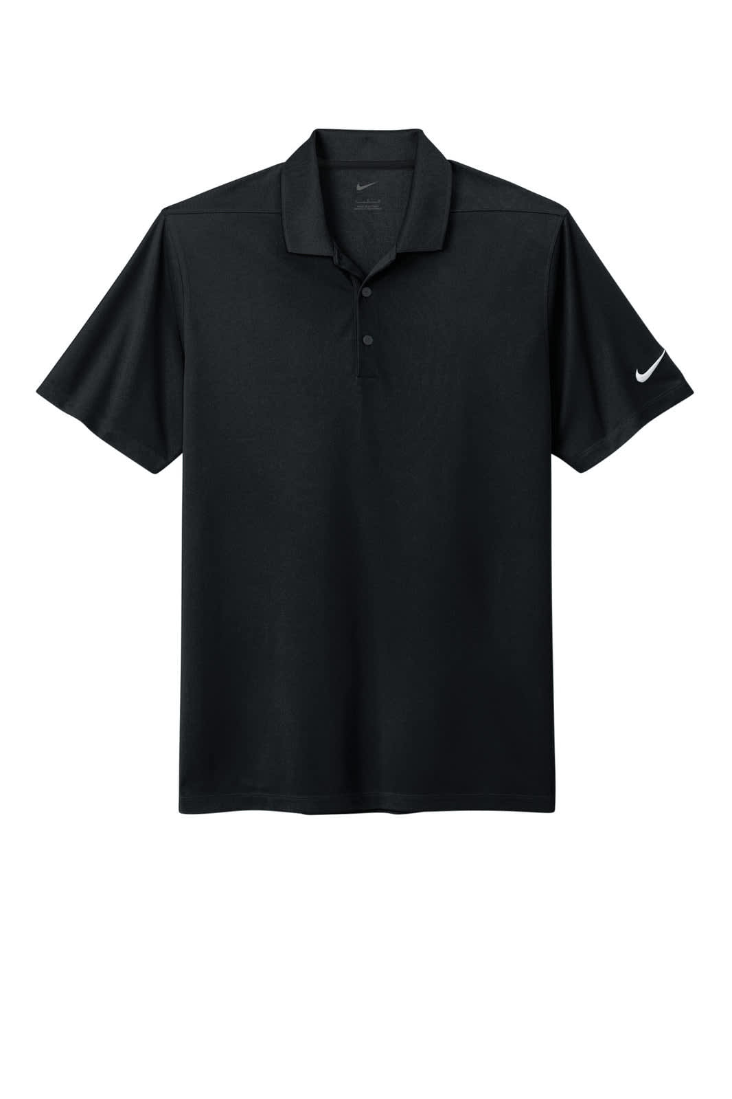 A black polo shirt featuring a collar and short sleeves, with a logo on the sleeve.