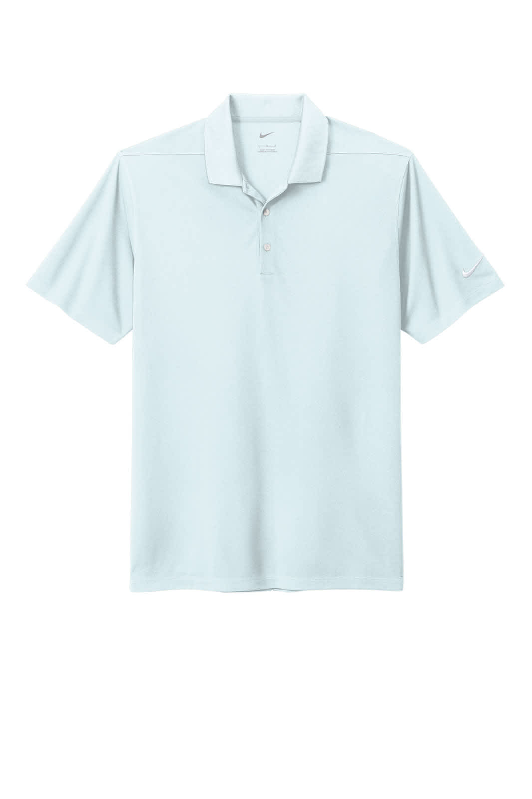 A light blue polo shirt featuring a collar, short sleeves, and a logo on one sleeve.