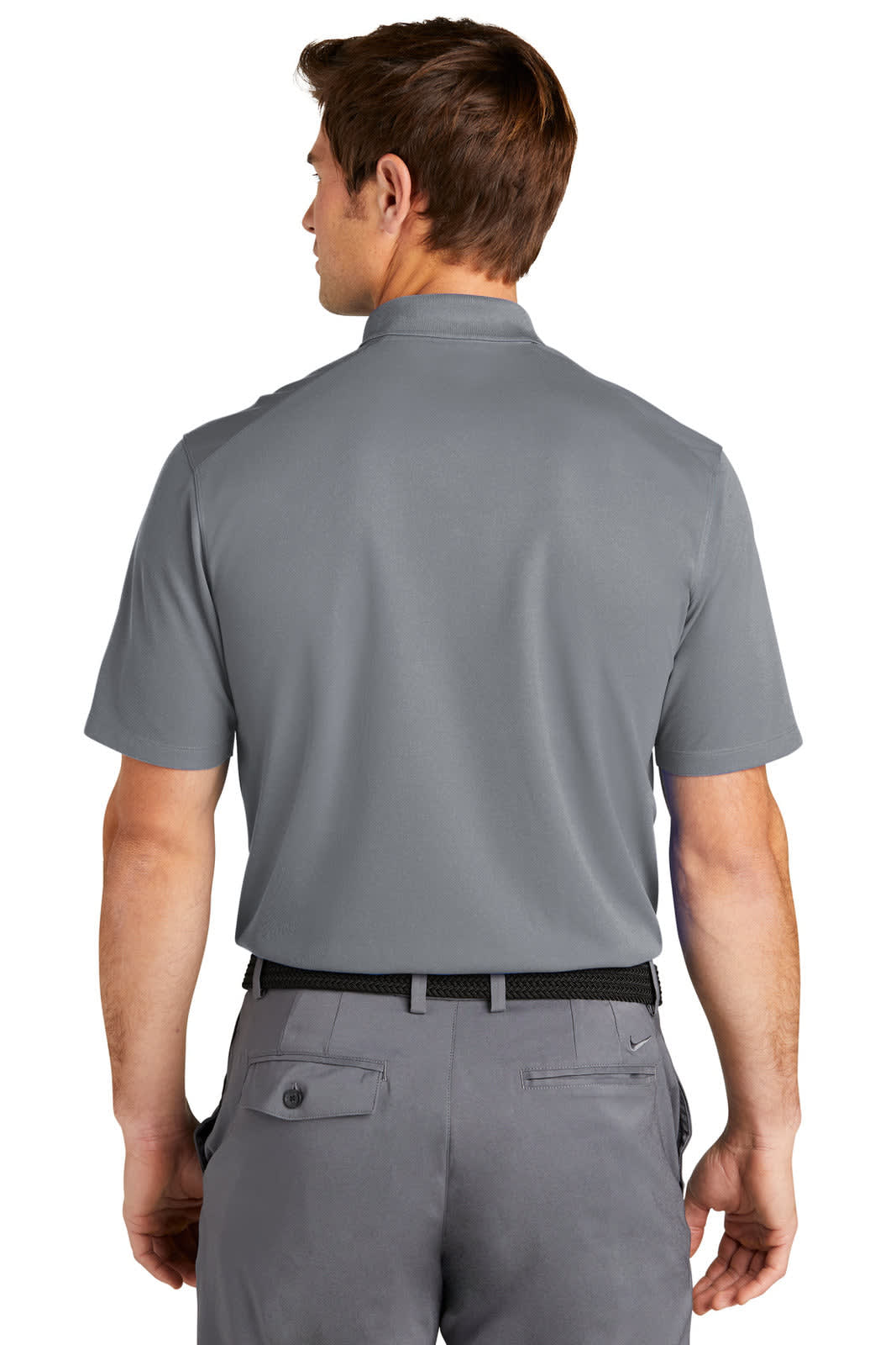 A grey Nike Dri-FIT Micro Pique 2.0 Polo shirt, featuring short sleeves and a collar, displayed from the back.