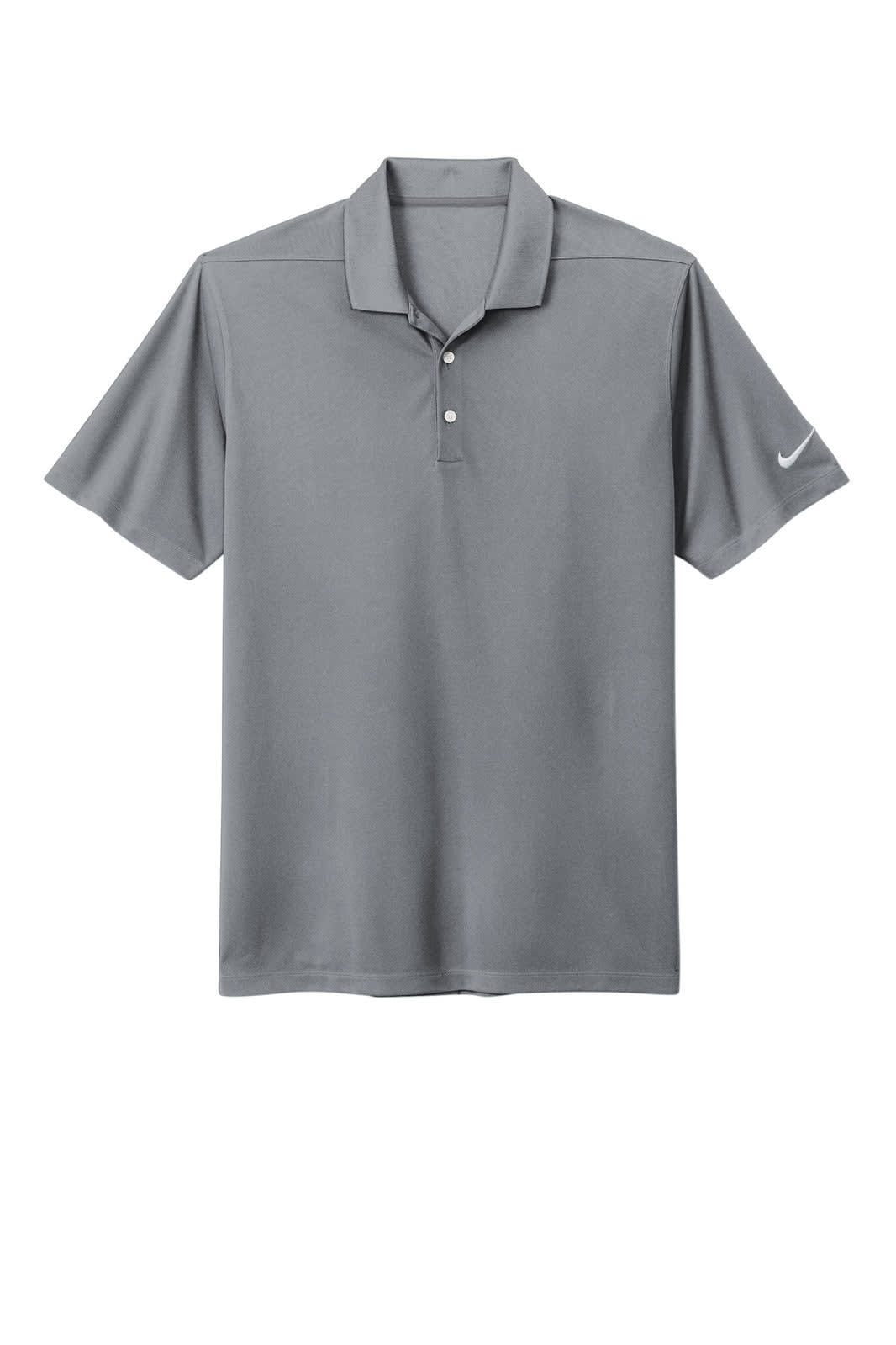 A grey Nike Dri-FIT Micro Pique 2.0 Polo with a collar and five-button placket, featuring a logo.