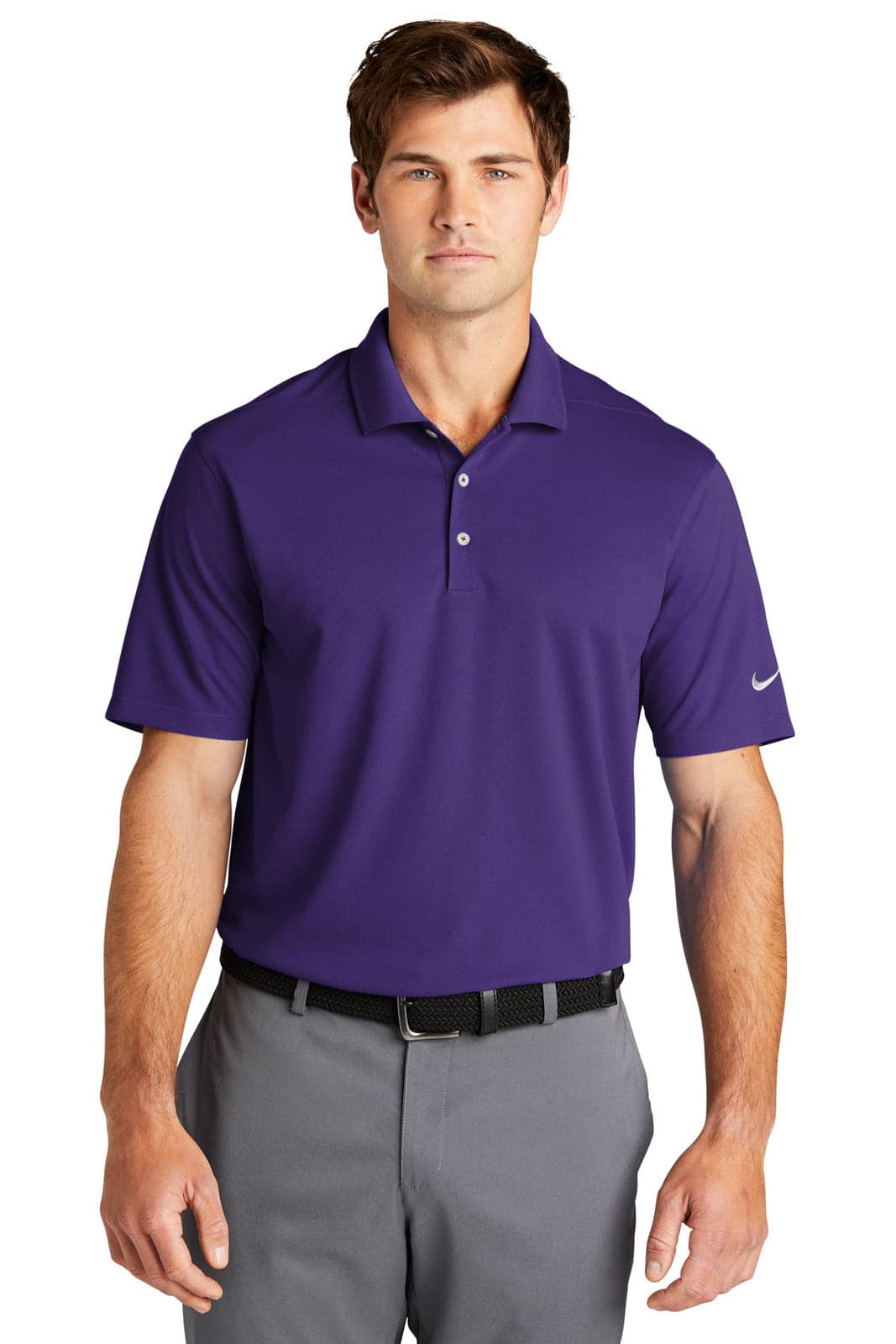 A purple Nike Dri-FIT Micro Pique 2.0 polo shirt, featuring a logo, displayed on a model.