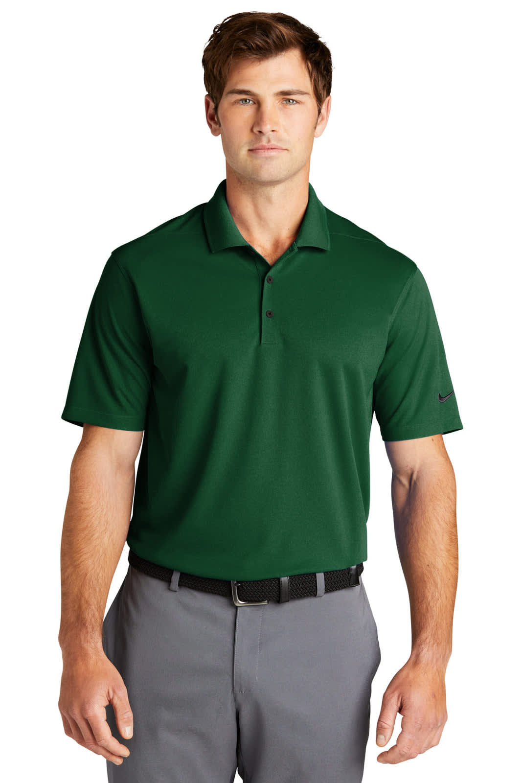 A green Nike Dri-FIT Micro Pique 2.0 Polo shirt with a collar, short sleeves, and a logo.
