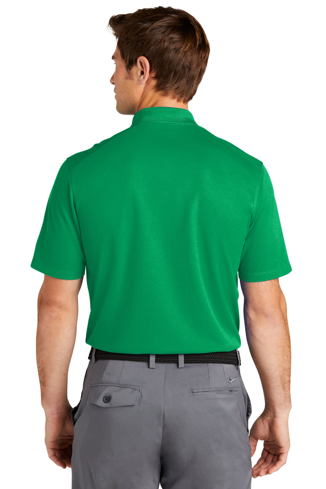 A green Nike Dri-FIT Micro Pique 2.0 Polo shirt with a collar, featuring a logo on the back.