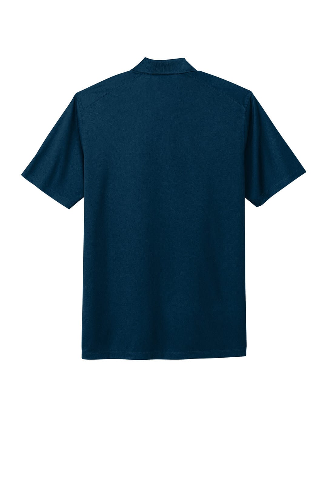 A navy blue polo shirt with short sleeves and a collar, featuring a logo on the front.