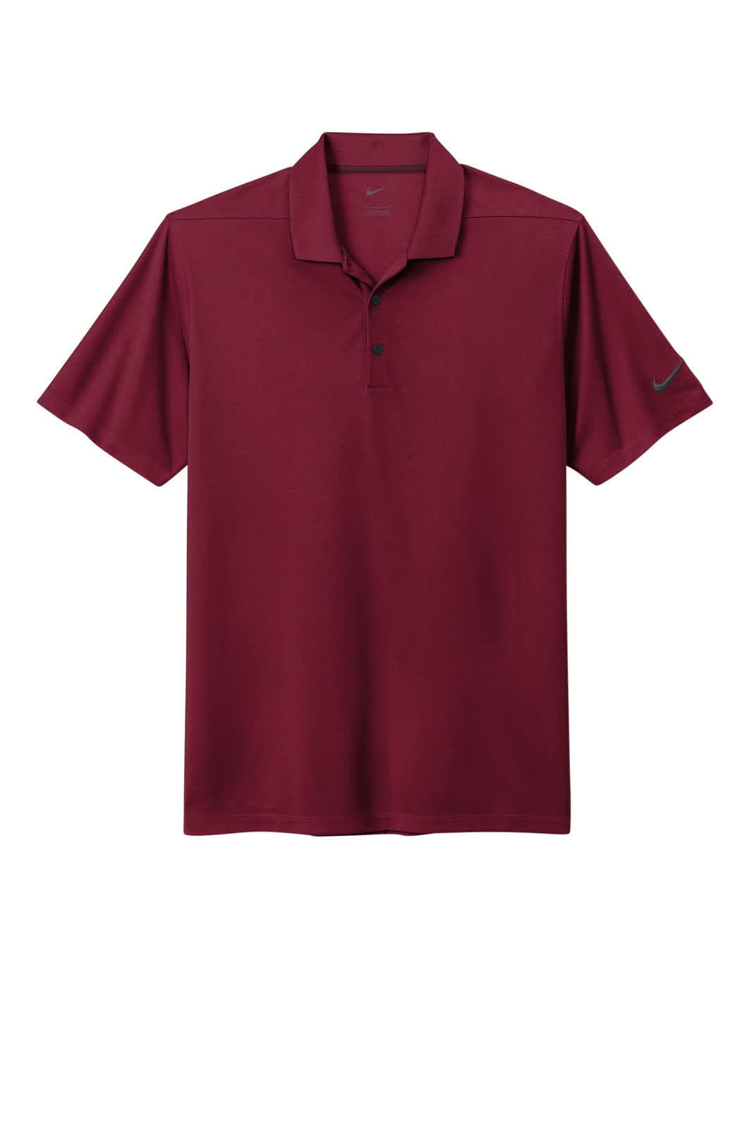 A maroon Nike Dri-FIT Micro Pique 2.0 Polo shirt with a logo on the sleeve. Short sleeve design.