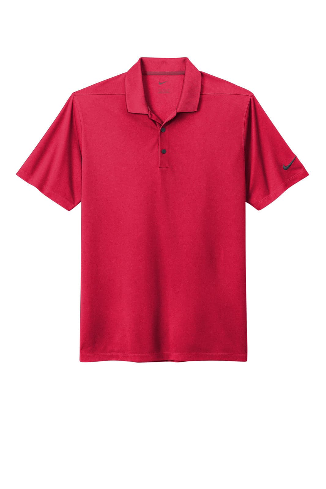 A red polo shirt with a collar, featuring short sleeves and a logo on the sleeve.