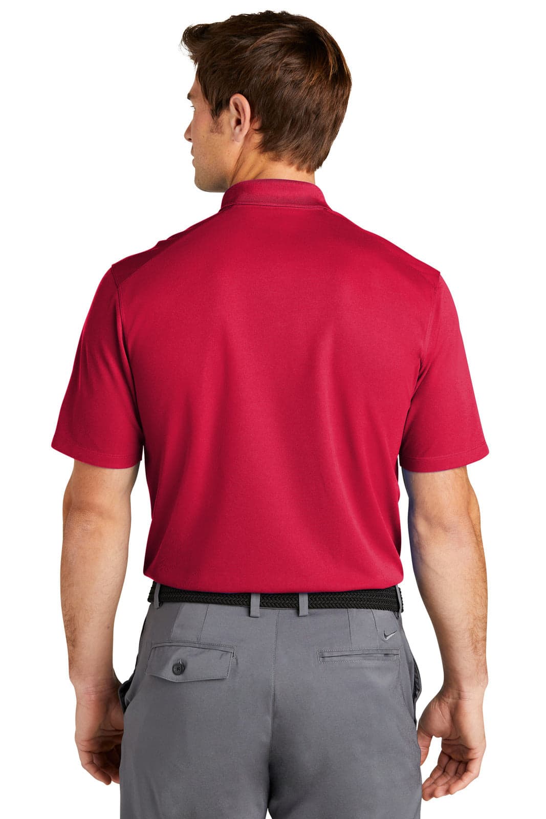 A red Nike Dri-FIT Micro Pique 2.0 Polo, displayed from the back, featuring a subtle logo.