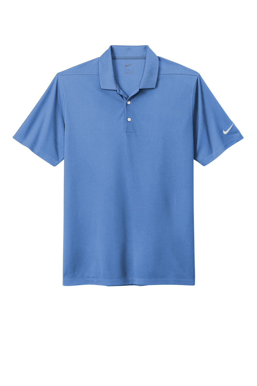 A blue Nike Dri-FIT Micro Pique 2.0 polo shirt with a logo on the sleeve.