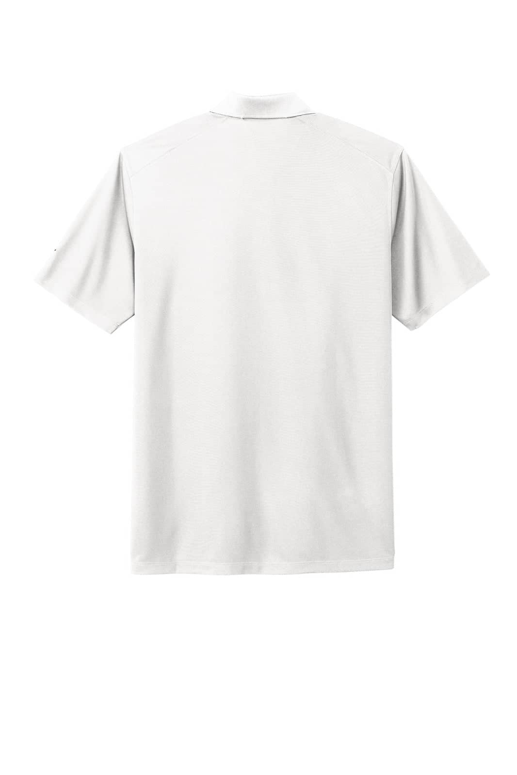 A white polo shirt with short sleeves, featuring a logo on the back.