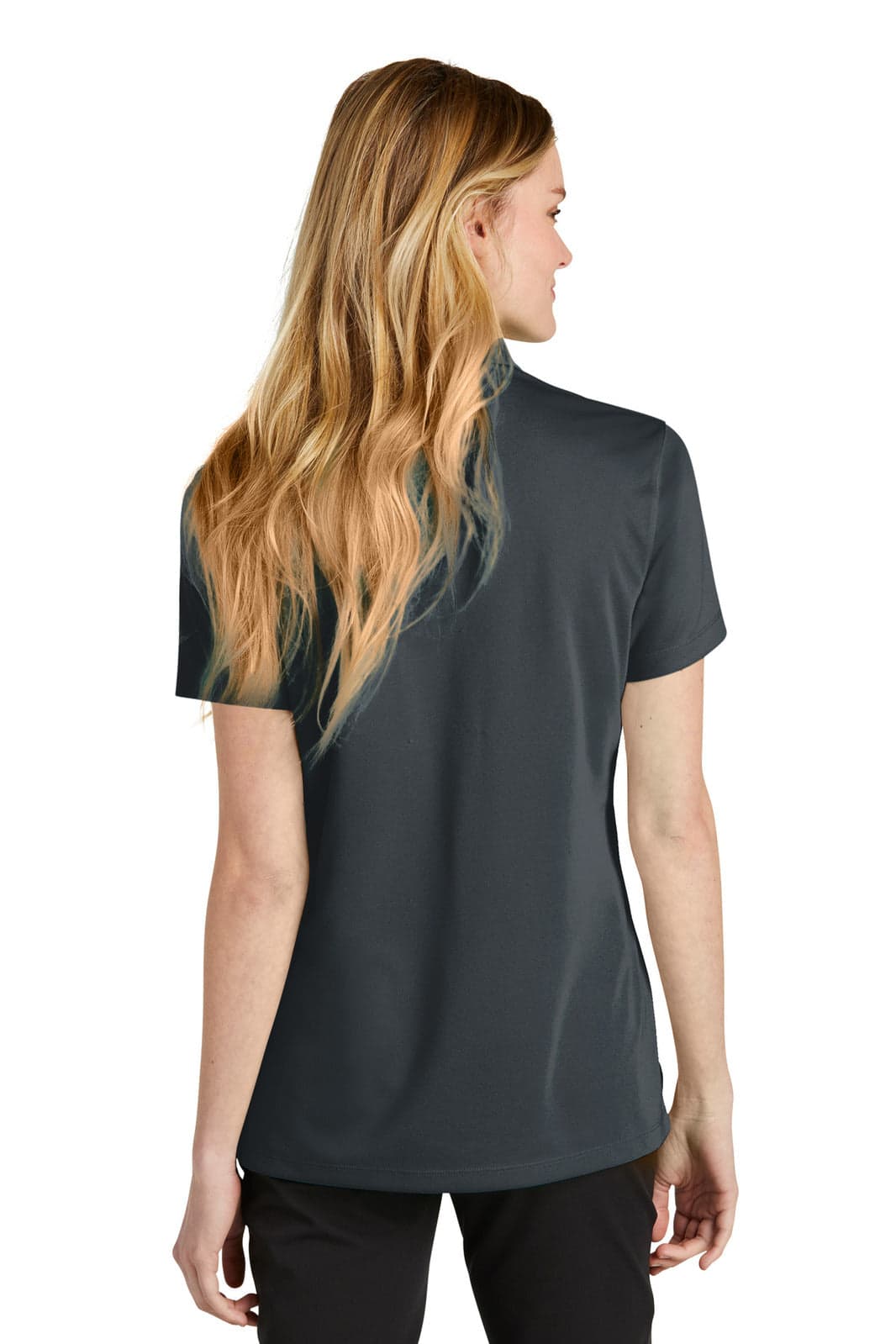 A women's dark grey polo shirt featuring a streamlined design and a branded logo.