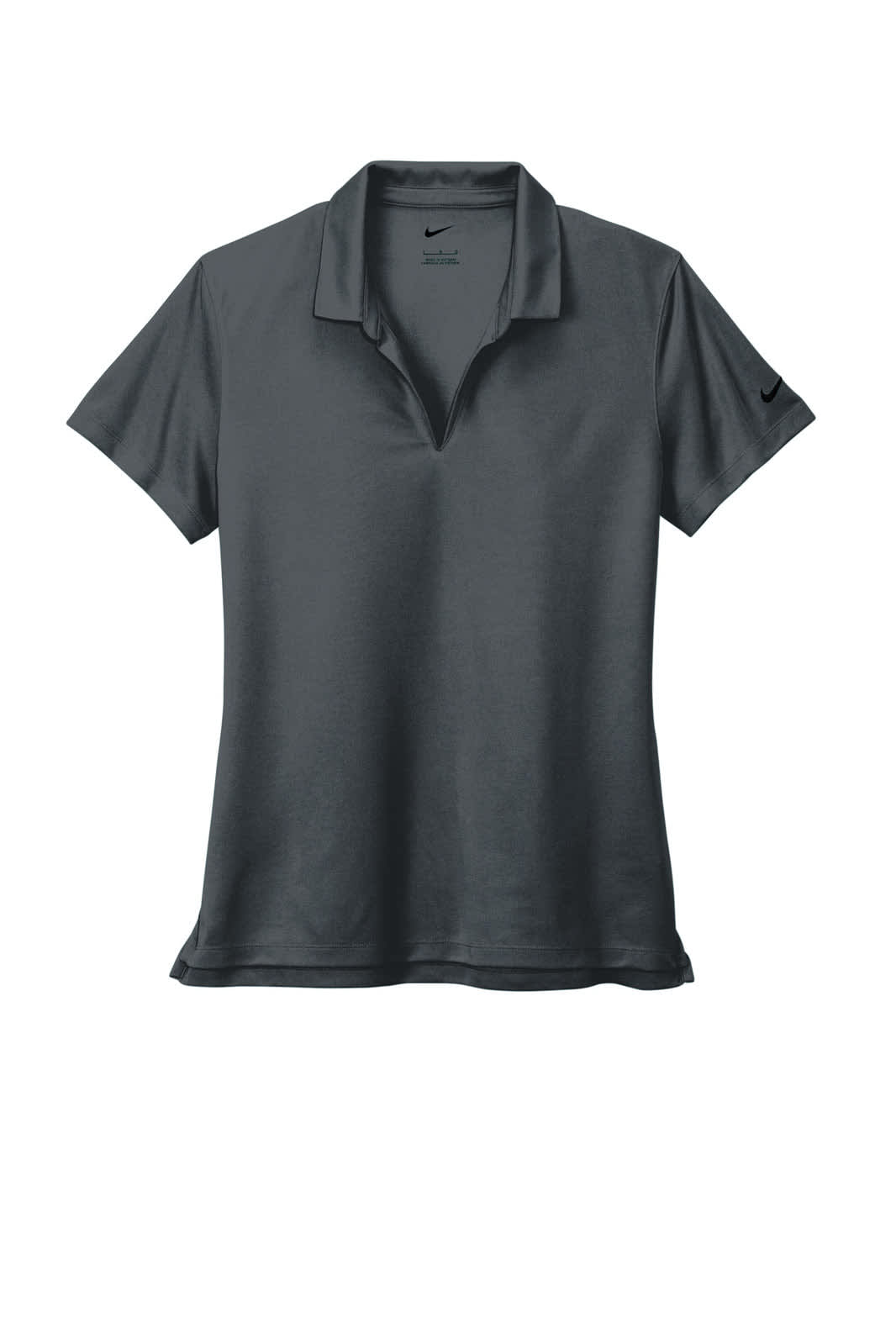 A dark grey Nike ladies' Dri-FIT Micro Pique 2.0 polo shirt with a collar and branding on the sleeve.