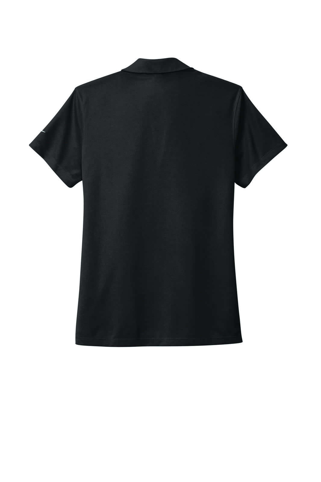 A black Nike ladies Dri-FIT Micro Pique 2.0 polo shirt featuring short sleeves and a collar, with a logo present.