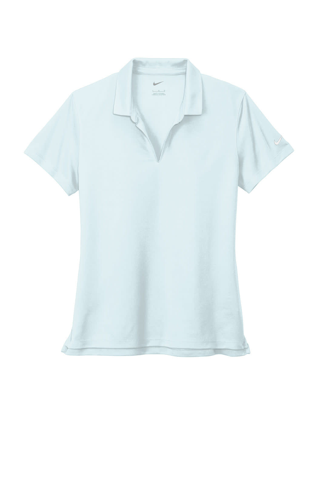 A light blue Nike ladies polo shirt with a collar and an emblem on the sleeve.