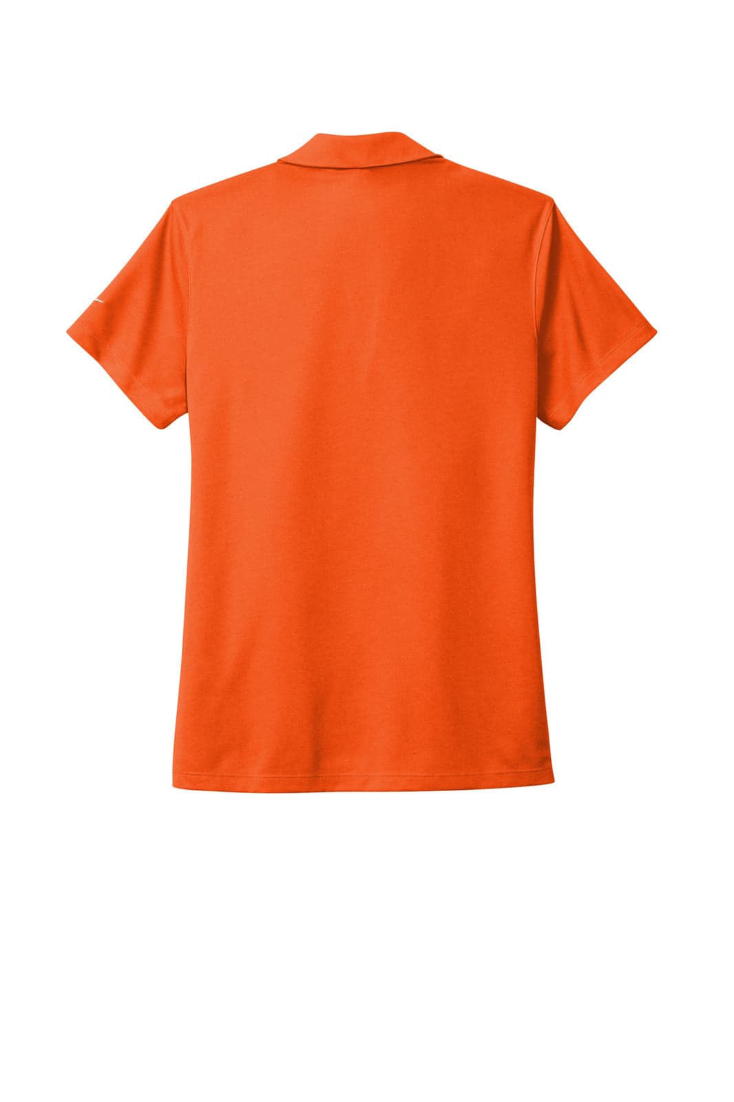 An orange polo shirt with a collar and short sleeves, featuring a logo on the sleeve.