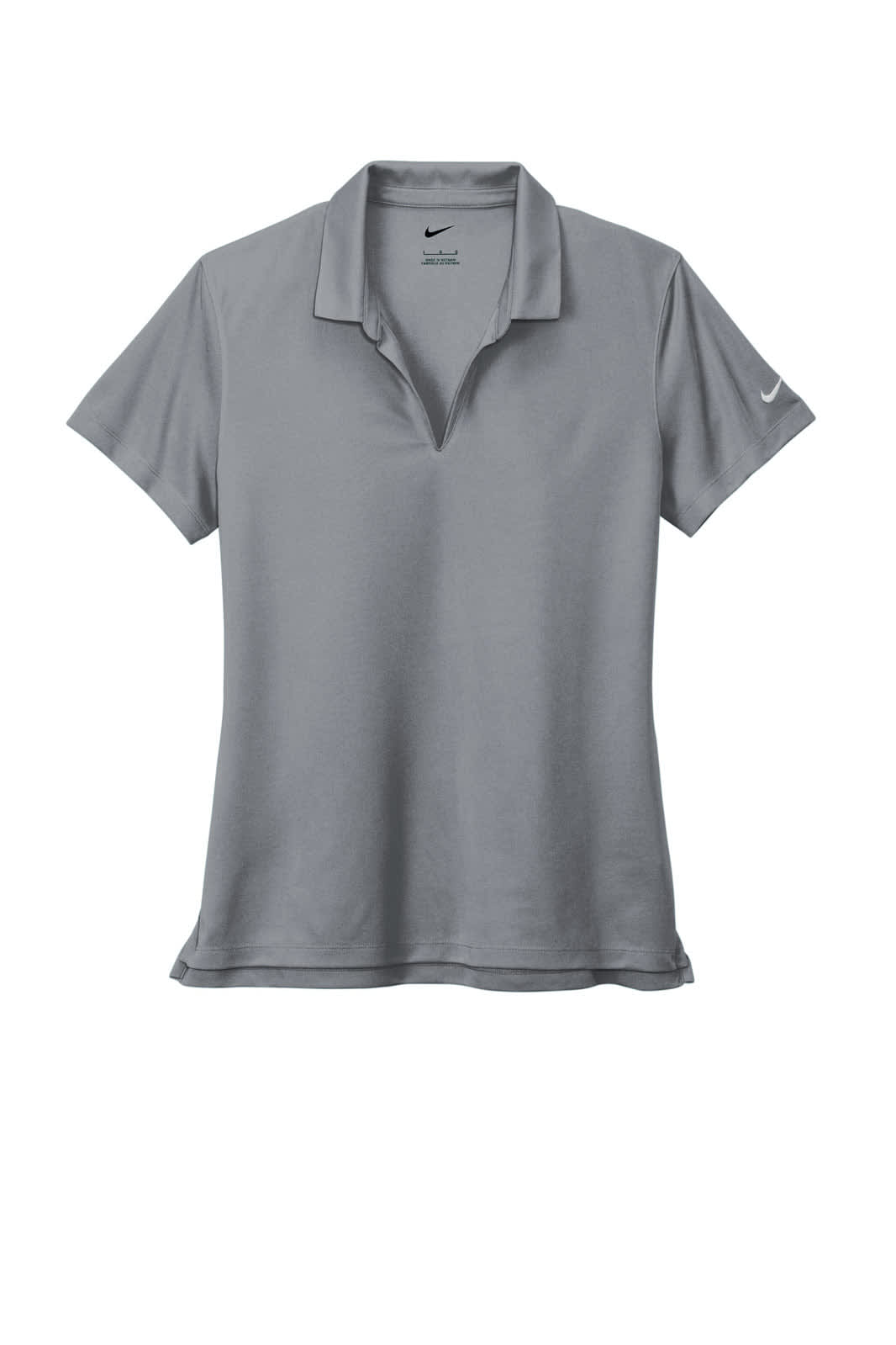 A grey ladies polo shirt made from Dri-FIT micro pique fabric with a logo on the sleeve.