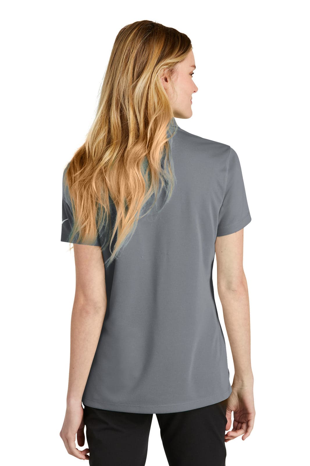 A grey Nike Ladies Dri-FIT Micro Pique 2.0 Polo shirt, featuring a logo, viewed from the back.