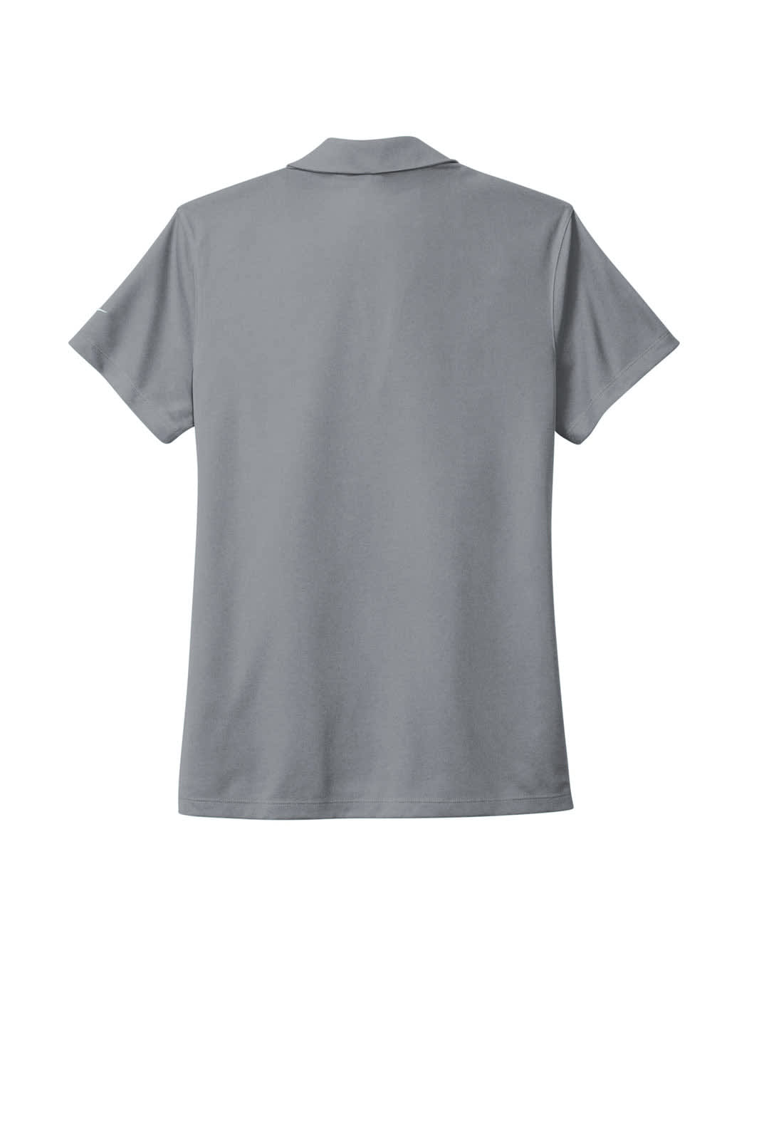 A grey Nike ladies’ Dri-FIT Micro Pique 2.0 polo shirt with a collar and short sleeves, featuring a logo.