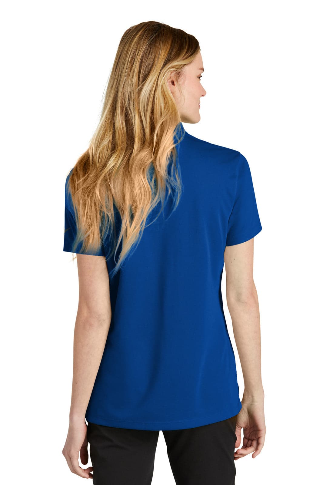 A blue Nike ladies' Dri-FIT Micro Pique 2.0 polo shirt viewed from the back, featuring short sleeves and a logo.