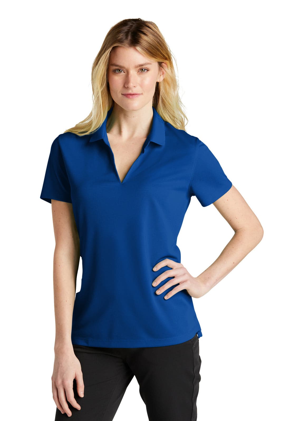 A blue polo shirt with a short sleeve design, featuring a collar and a branding logo.