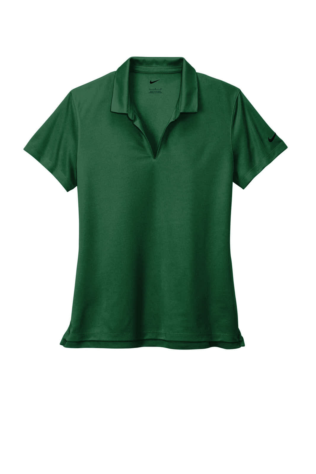 A green Nike ladies' Dri-FIT Micro Pique 2.0 polo shirt featuring a standard collar and a logo on the sleeve.