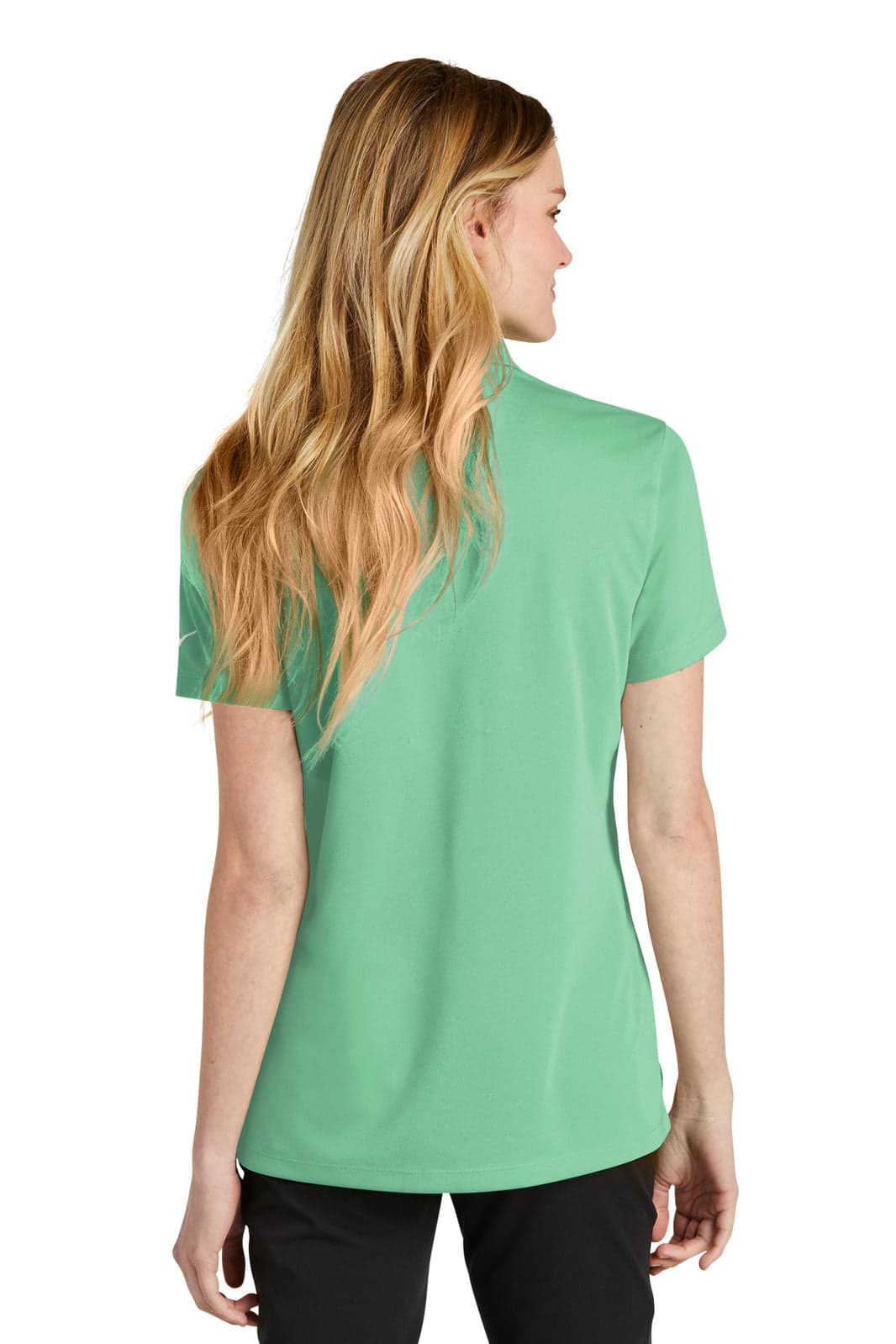 A green polo shirt designed for ladies, featuring a classic cut and a branding logo on the back.