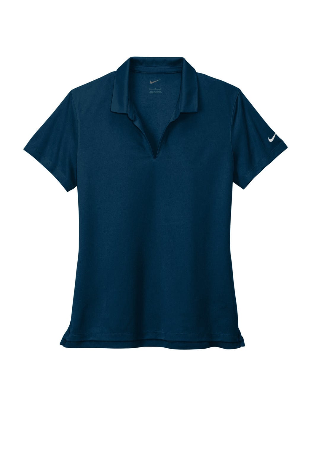 A navy blue ladies' polo shirt with a collar, short sleeves, and a logo on the sleeve.
