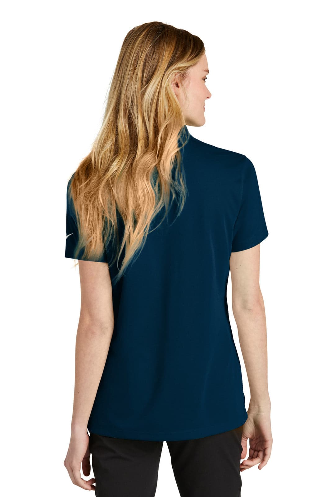 A navy blue ladies' polo shirt with a simple design and a branded logo on the back.