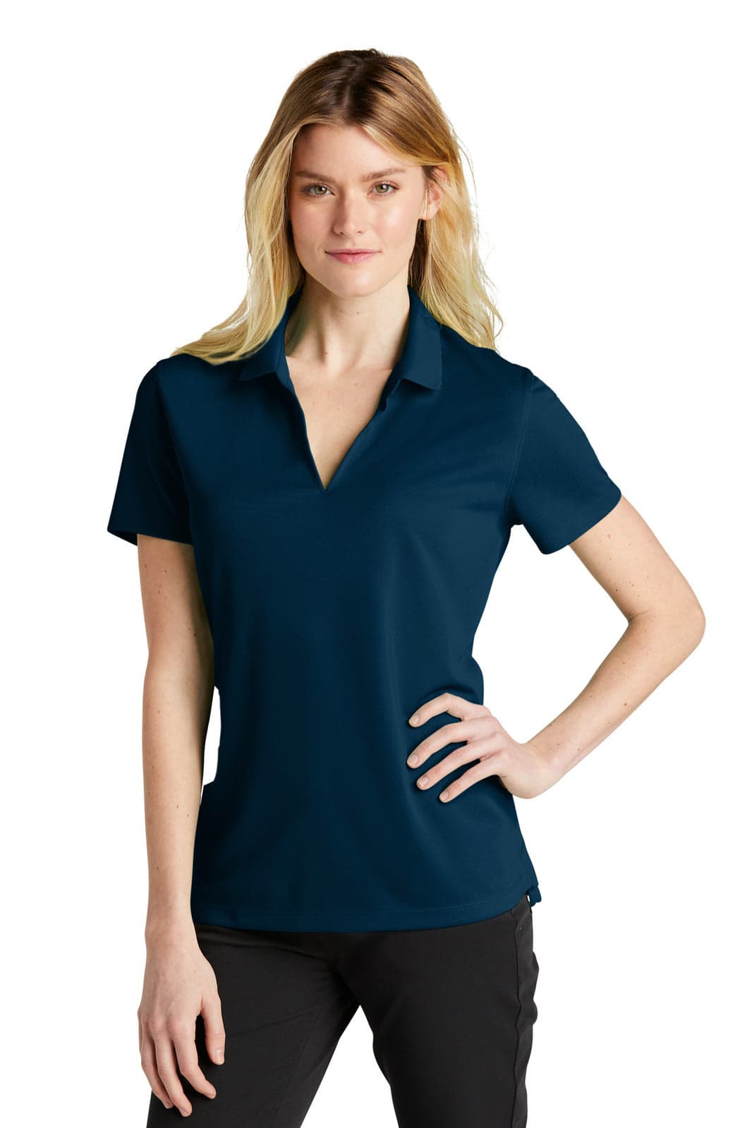 A navy polo shirt for ladies with a classic collar and short sleeves, featuring a branded logo.