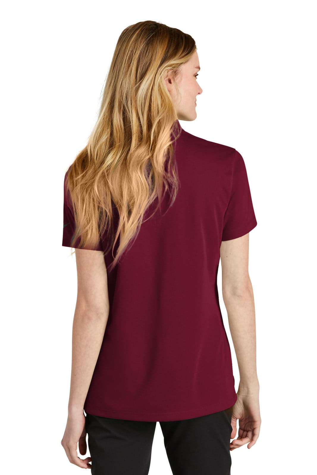 A maroon Nike Ladies Dri-FIT Micro Pique 2.0 Polo shirt viewed from the back, featuring a logo on the collar.