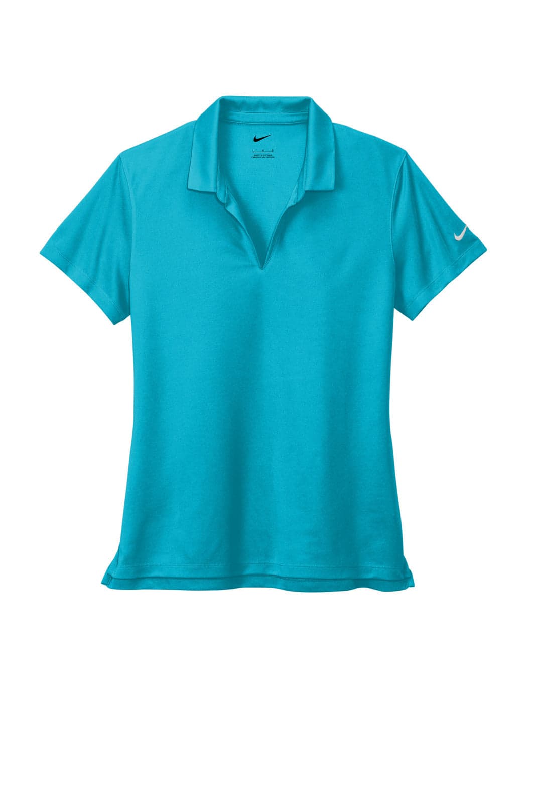A teal Nike Ladies Dri-FIT Micro Pique 2.0 Polo shirt featuring a logo on the sleeve.