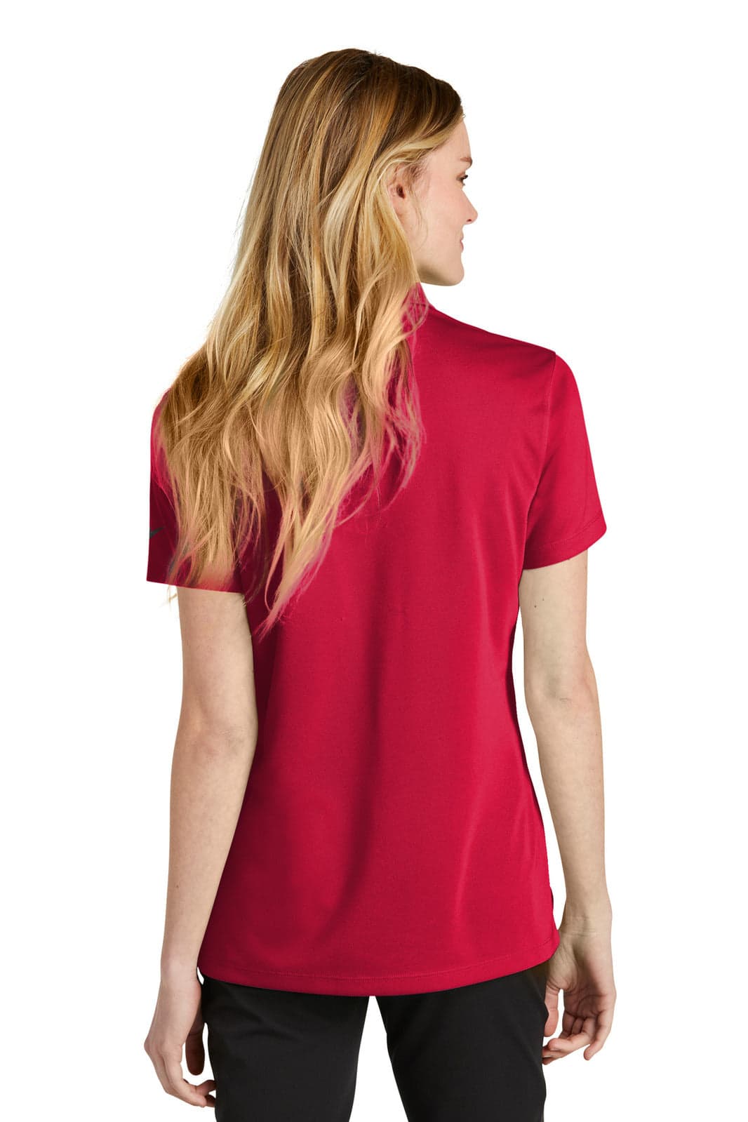 A red women's polo shirt with short sleeves, featuring a logo on the back.