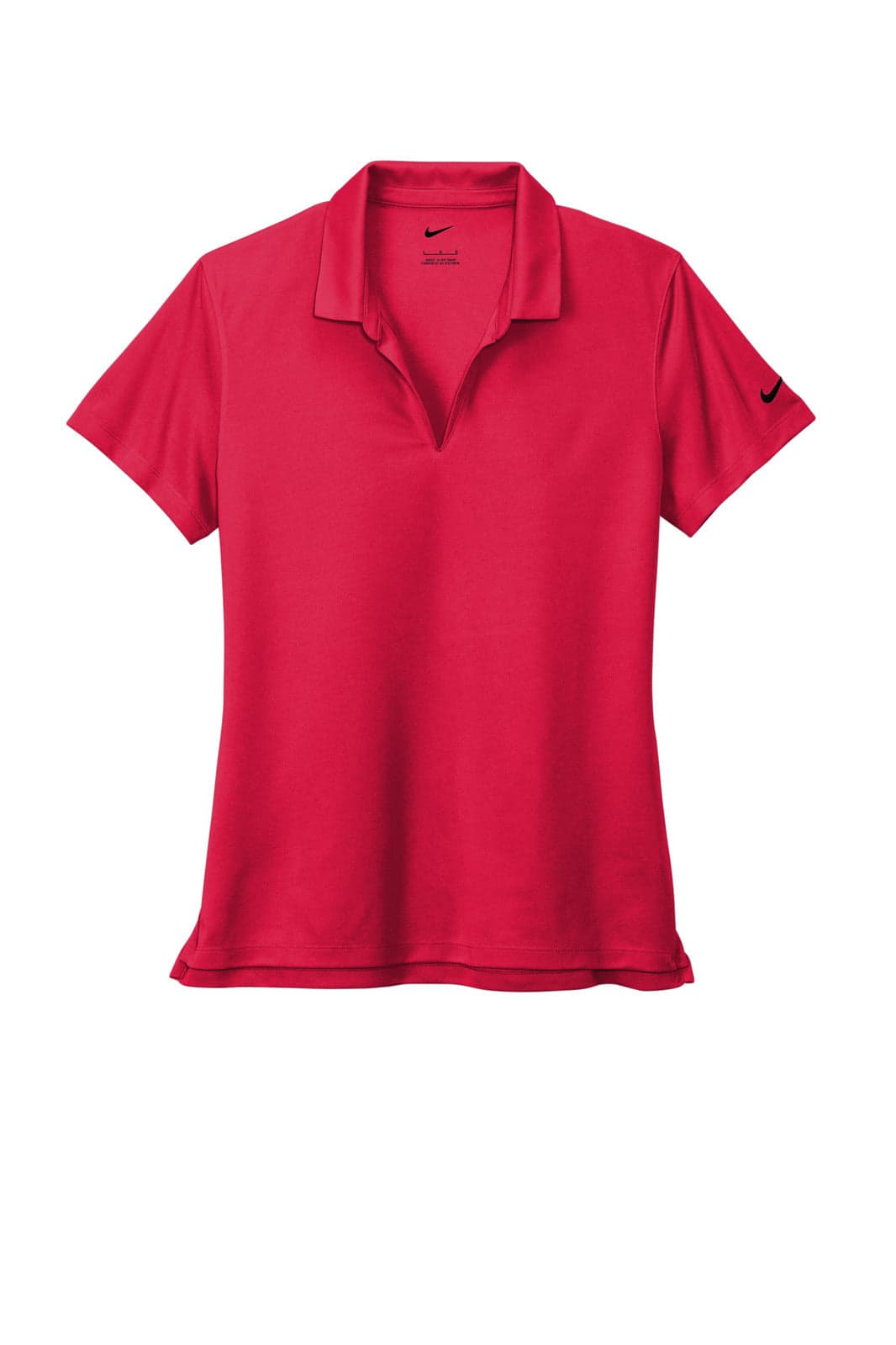 A red Nike ladies' Dri-FIT micro pique 2.0 polo shirt, featuring a collar and a logo on the sleeve.