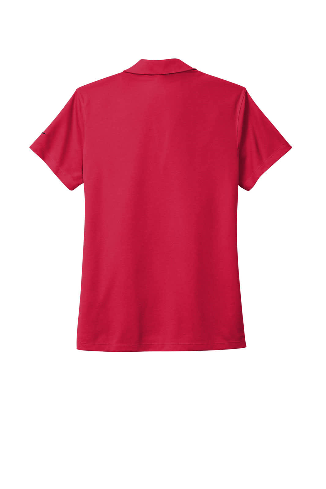 A red Nike Ladies Dri-FIT Micro Pique 2.0 polo shirt with short sleeves and a collar, featuring a logo.