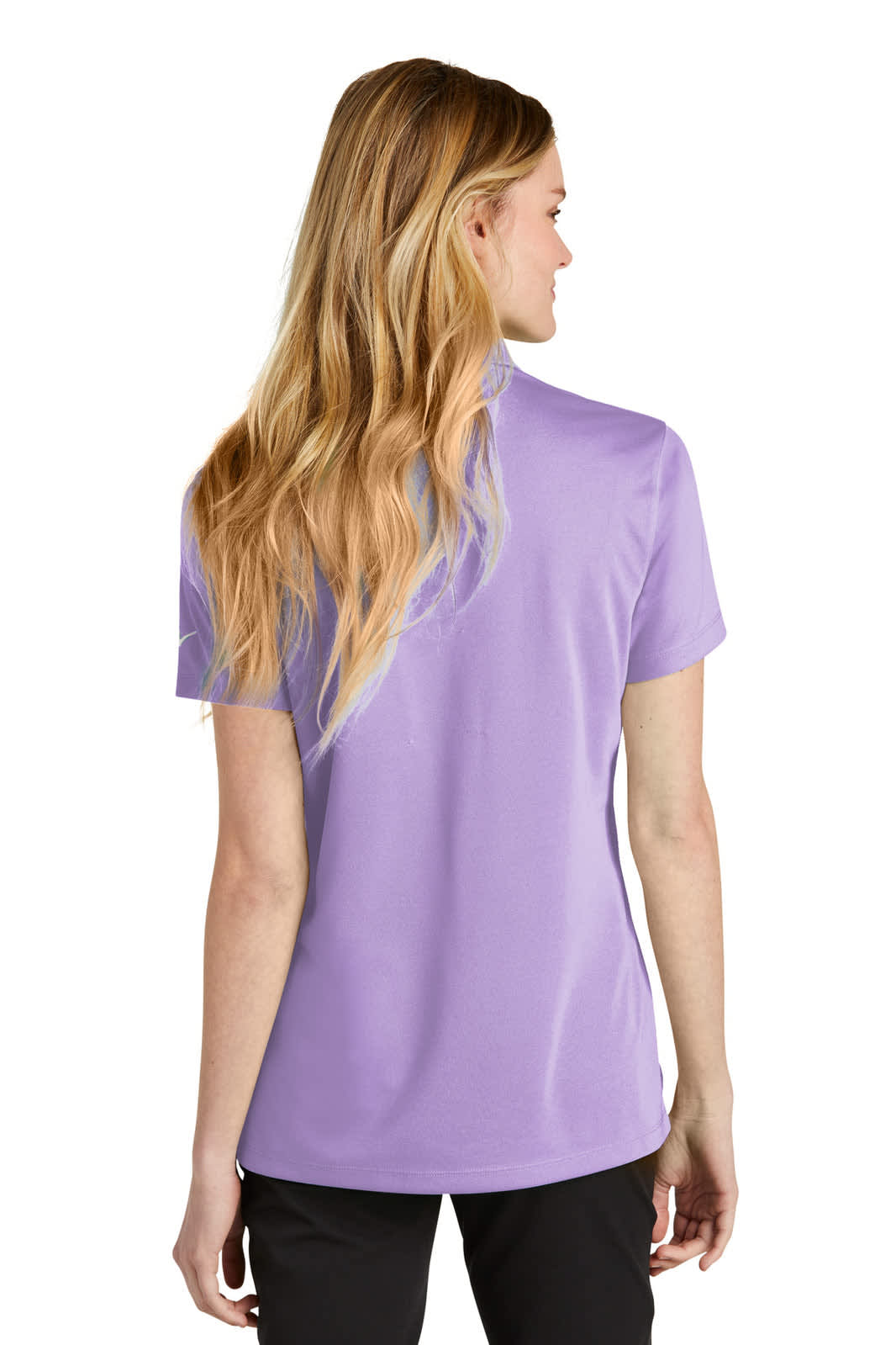 A purple polo shirt with a back view, featuring a collar and a subtle logo. It has a fitted style.