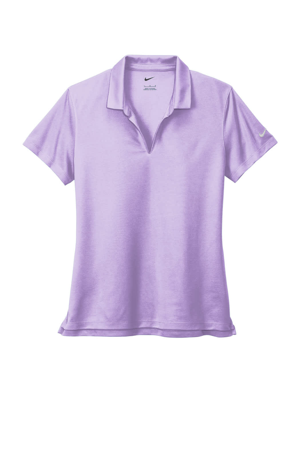 A lilac Nike ladies Dri-FIT Micro Pique 2.0 polo shirt featuring a logo on the sleeve.
