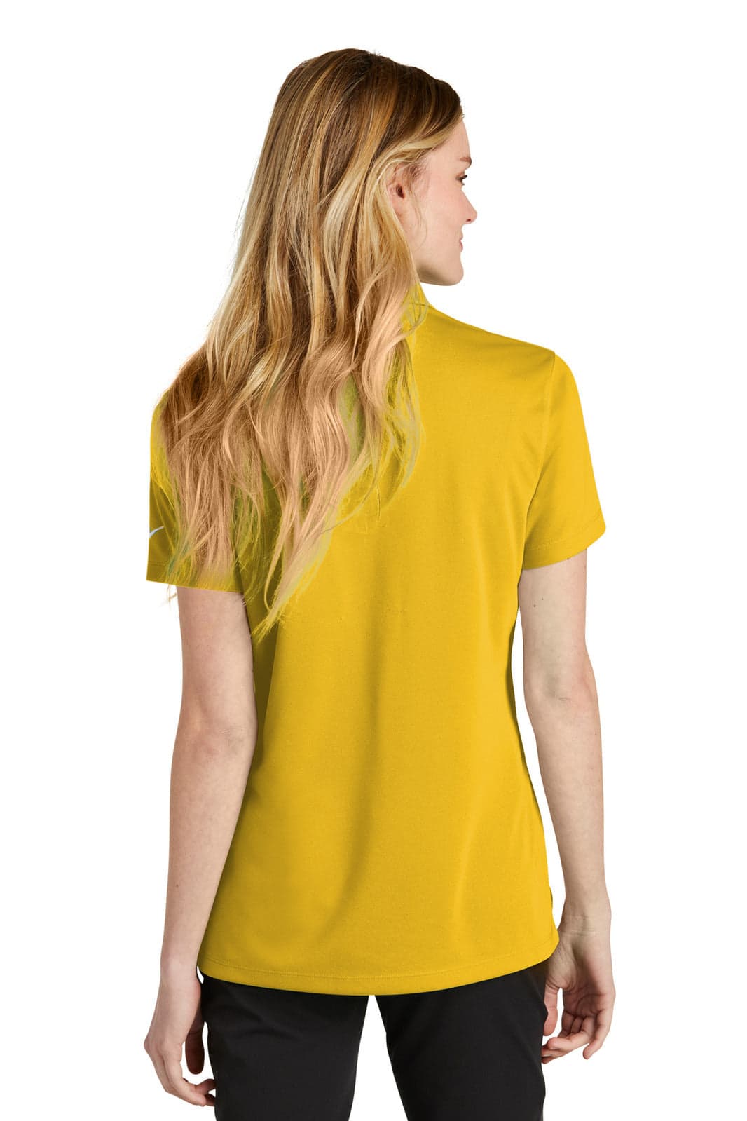 A yellow women's polo shirt, short-sleeved, featuring a logo on the back, made from Dri-FIT micro pique fabric.