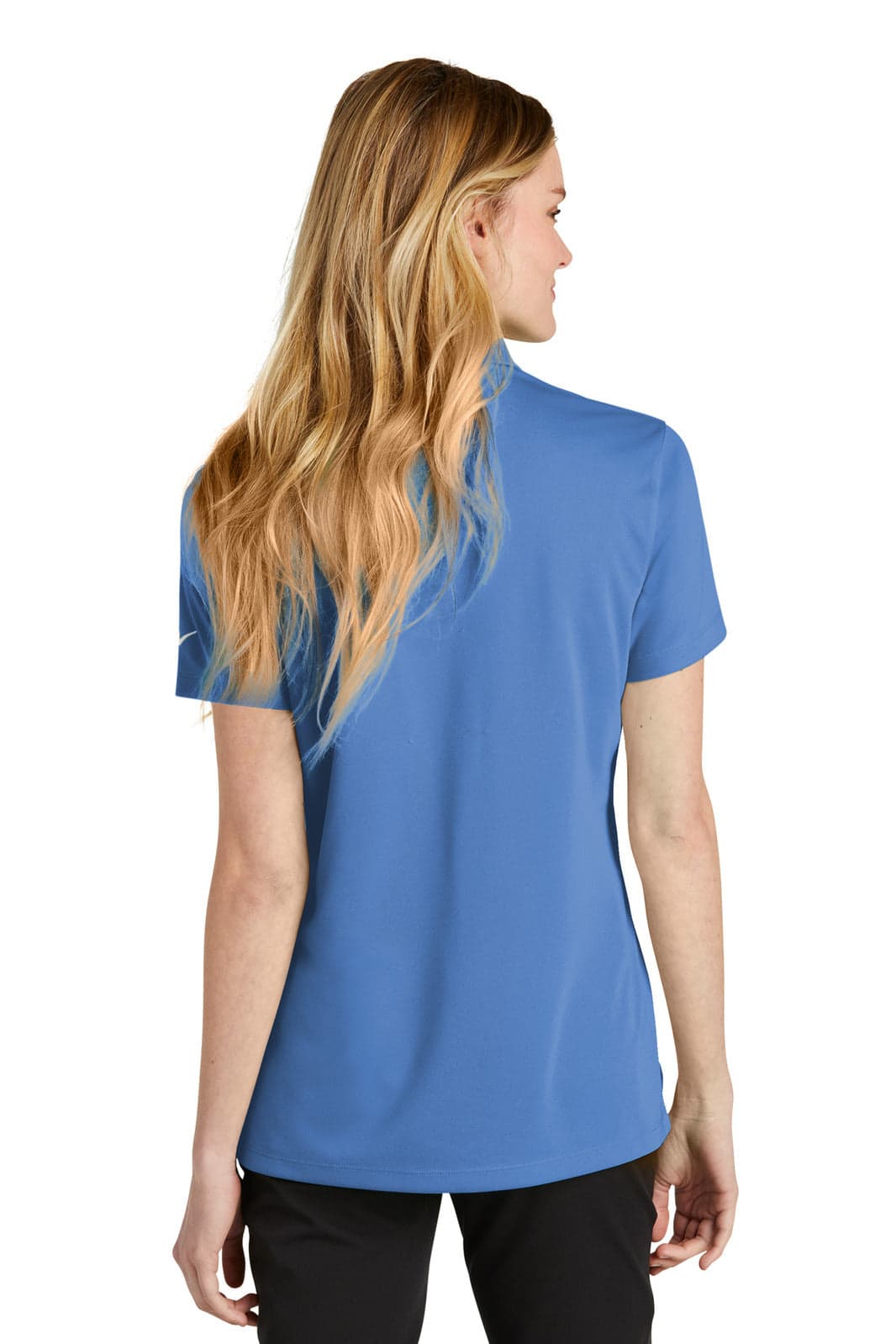 A blue polo shirt designed for women, featuring a classic cut and a logo on the back.