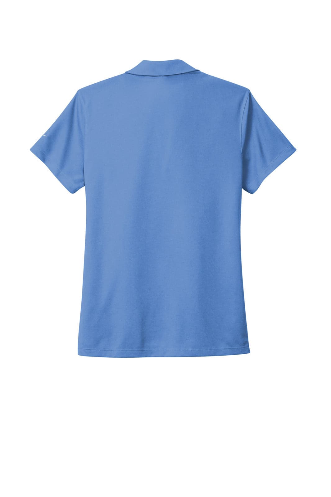 A blue women's polo shirt with a collar and short sleeves, featuring a logo on the sleeve.