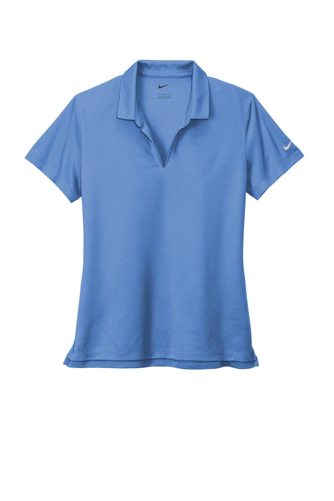 A blue Nike ladies' Dri-FIT Micro Pique 2.0 polo shirt with a collar and a logo on the sleeve.