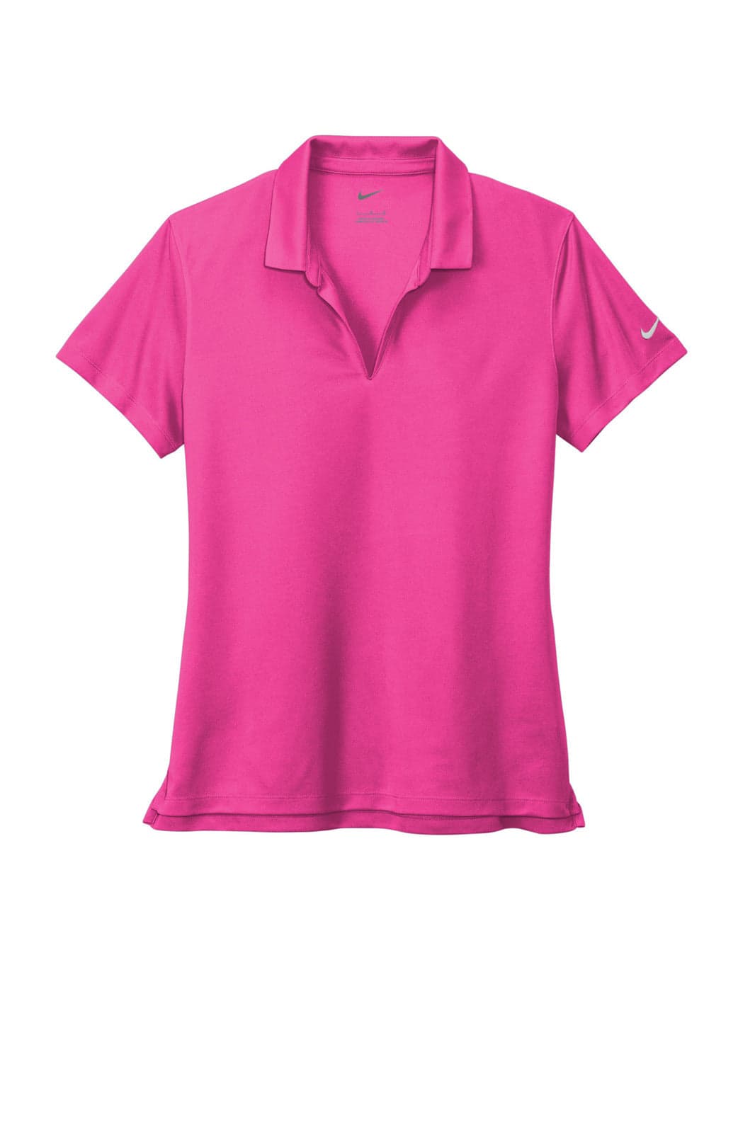 A pink polo shirt with a collar and short sleeves featuring a logo on one sleeve.