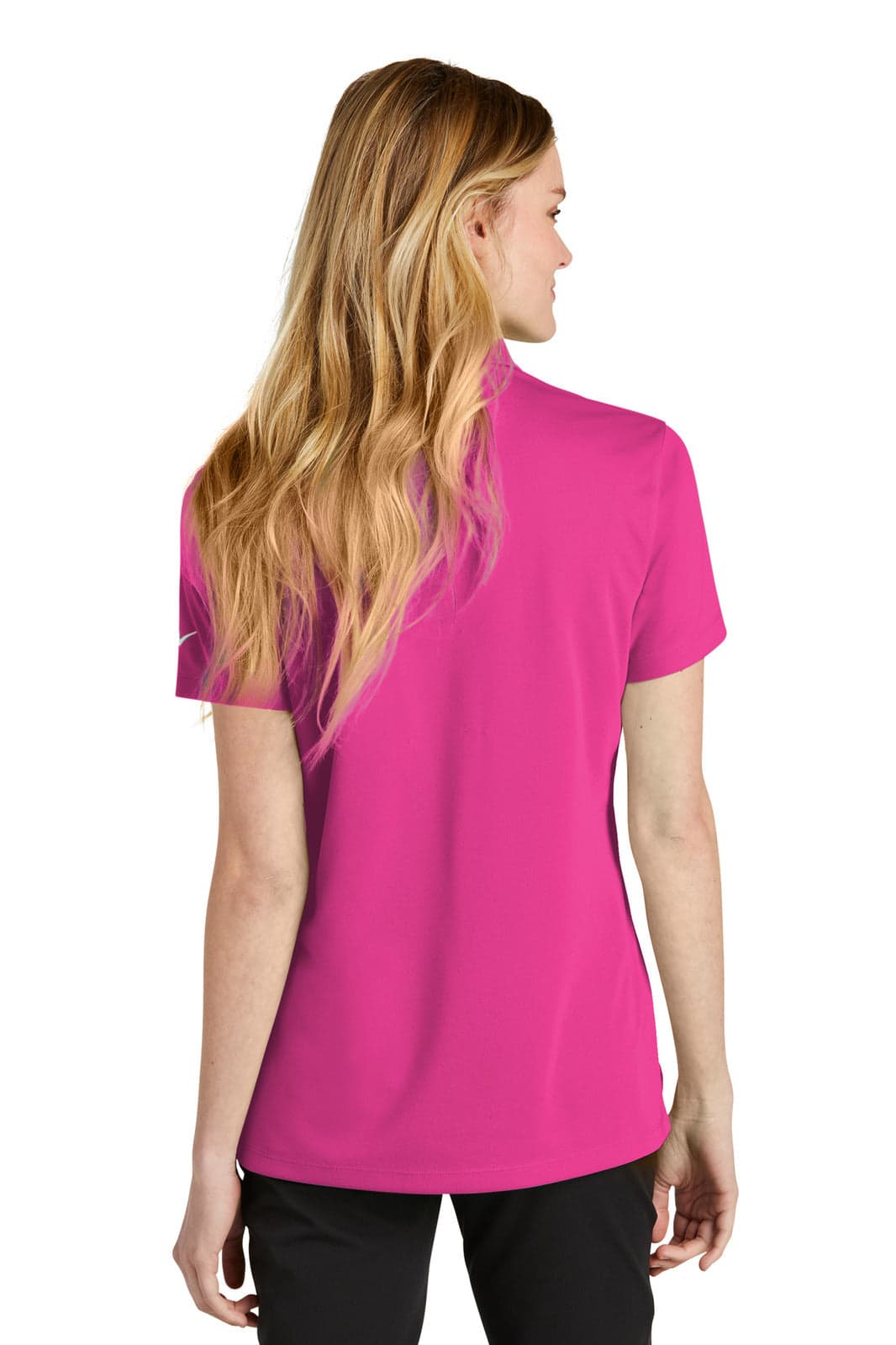A pink women's polo shirt with a fitted design, featuring a logo on the back.
