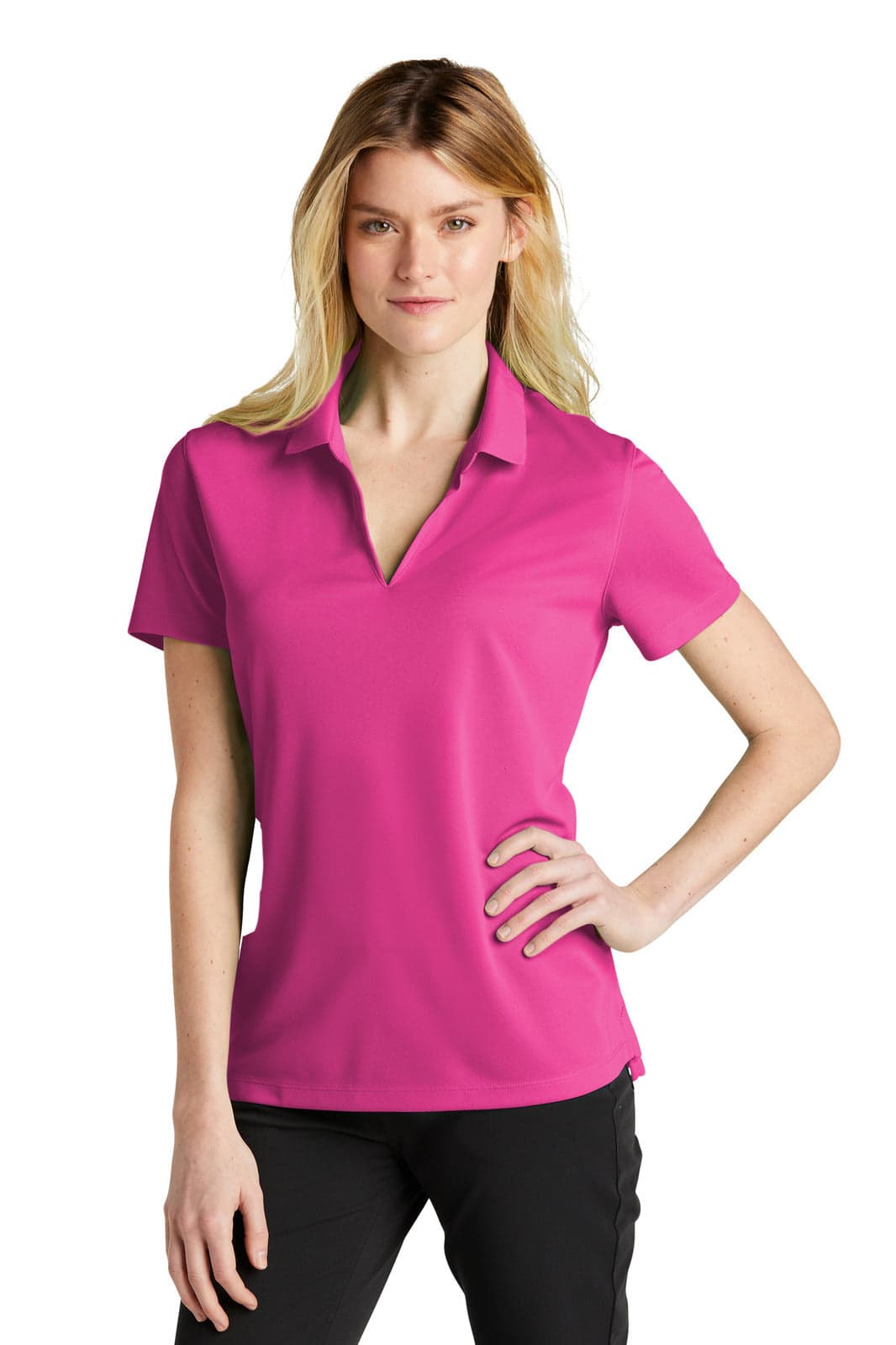 A pink polo shirt featuring short sleeves, a collar, and a logo on the chest. Suitable for casual or sporting wear.