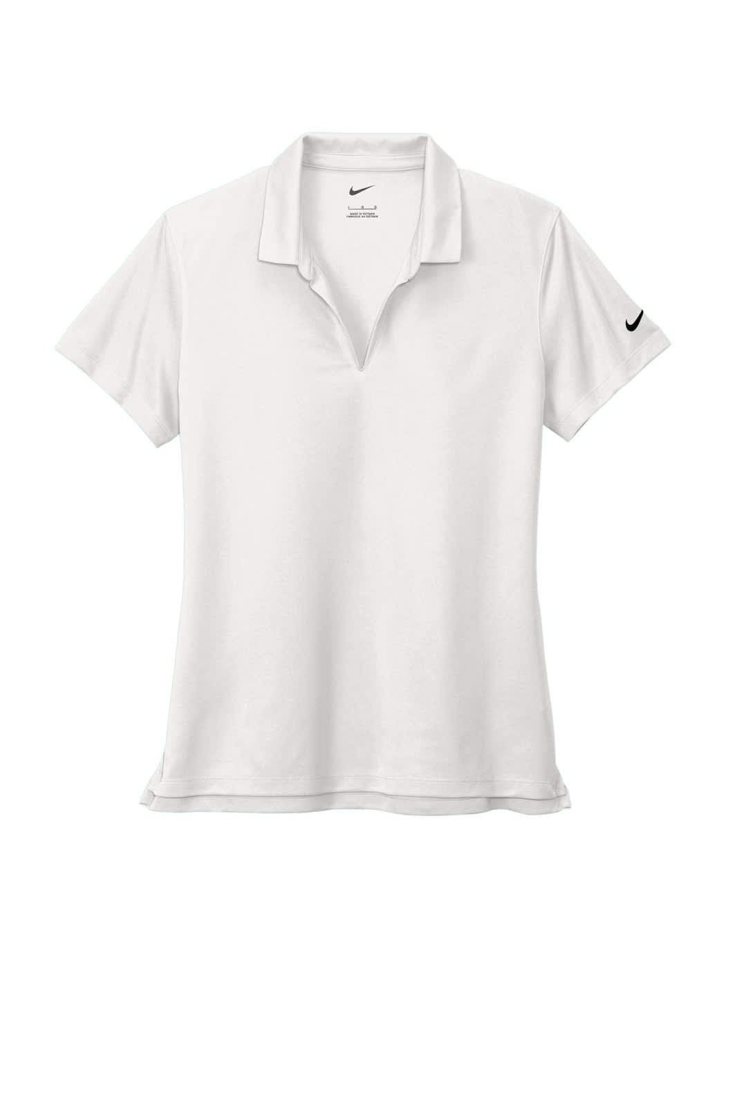 A white Nike ladies Dri-FIT micro pique 2.0 polo shirt with a logo on the sleeve.