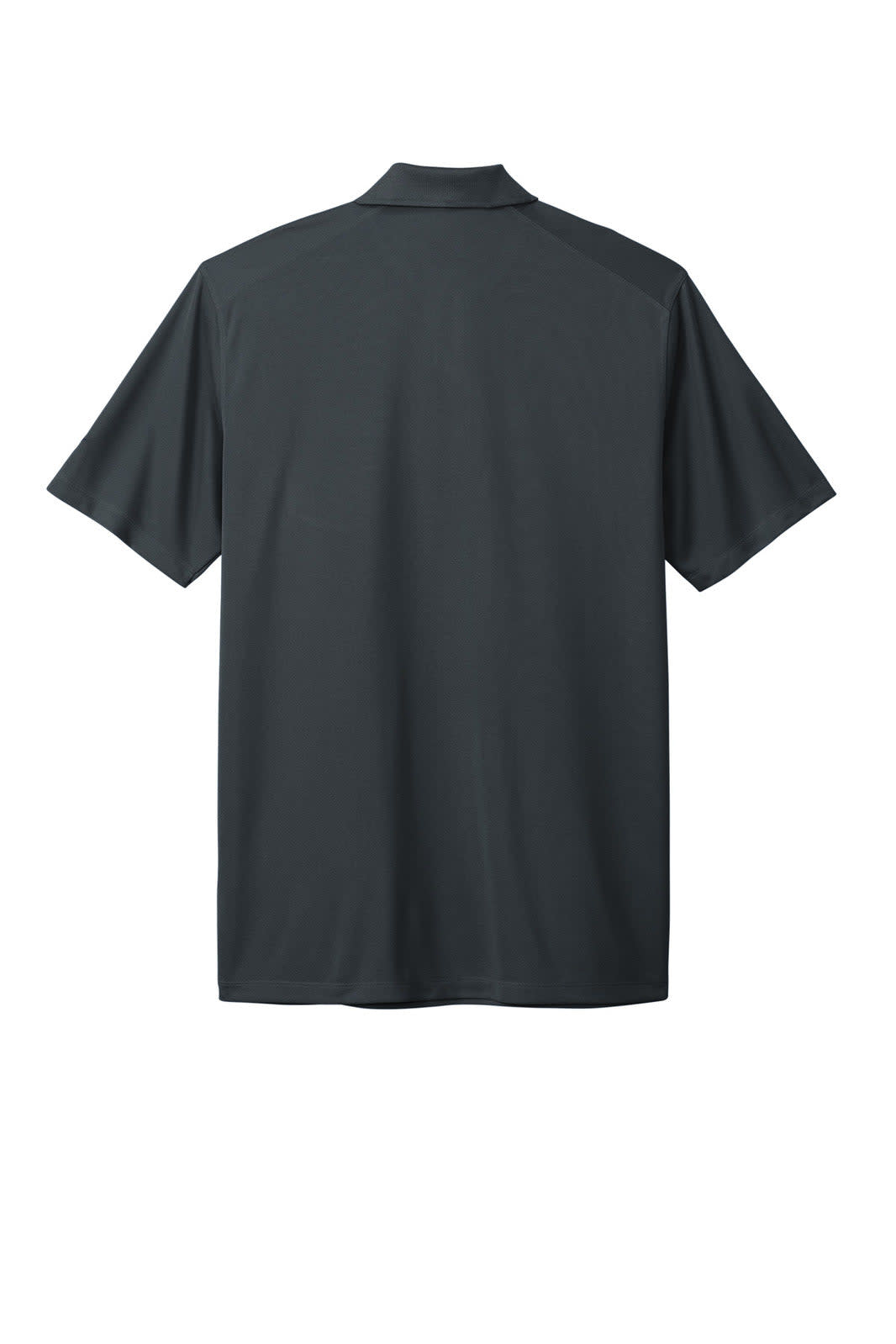 A charcoal polo shirt with short sleeves and a collar, featuring a branding logo on the back.