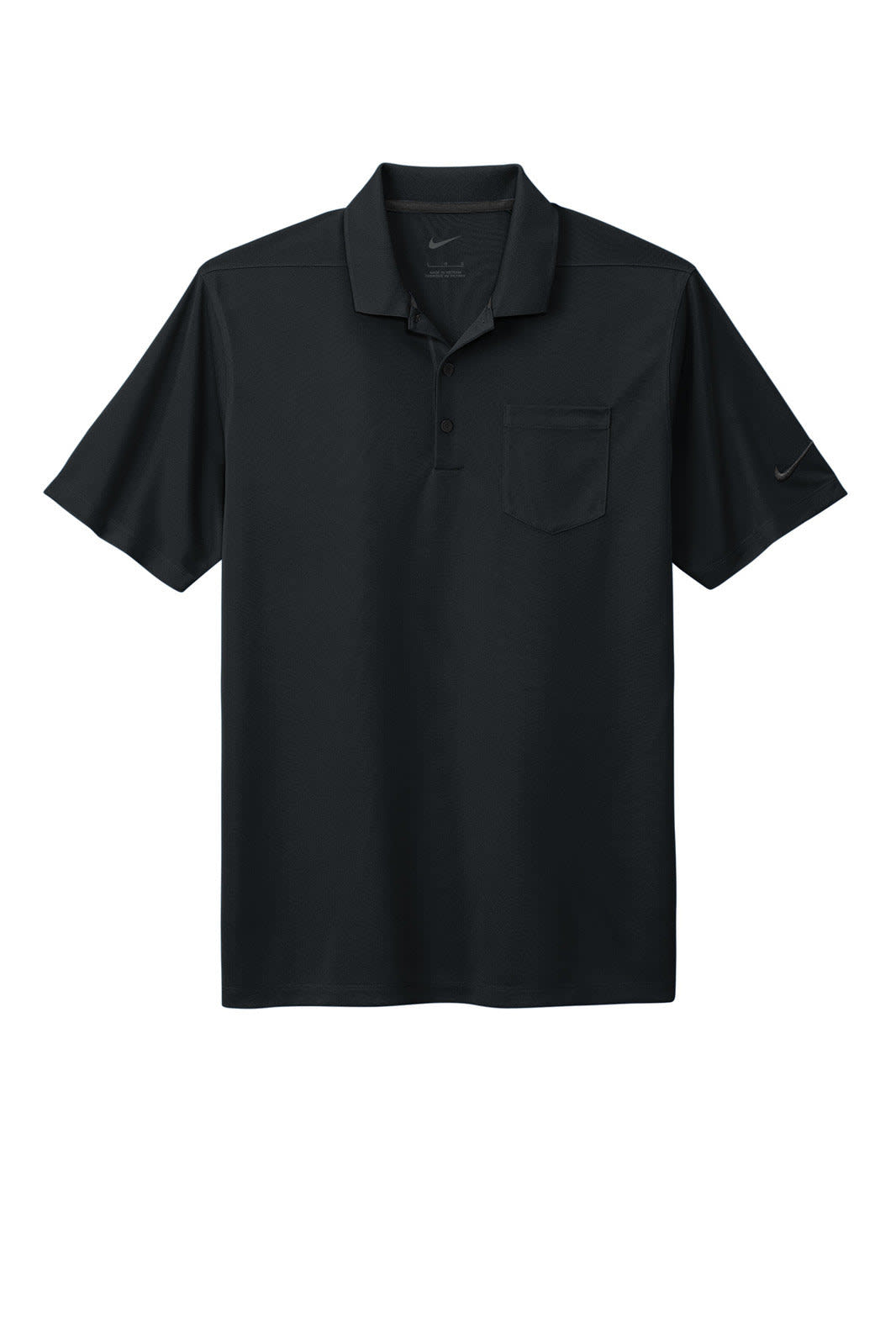A black polo shirt featuring a pocket and a logo. Made from Dri-FIT Micro Pique material.