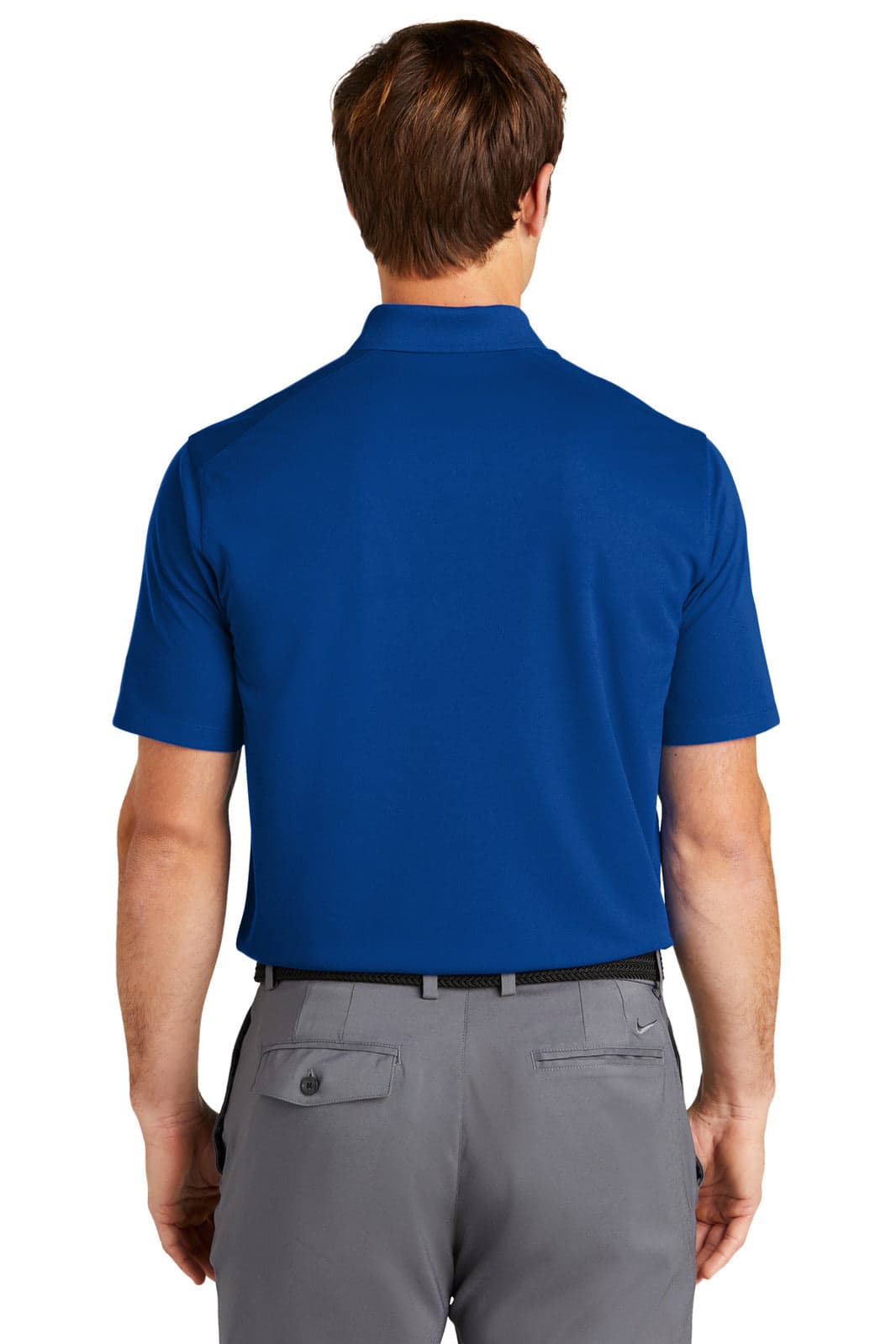 A back view of a blue polo shirt featuring a pocket and a logo. The shirt has short sleeves and a collar.