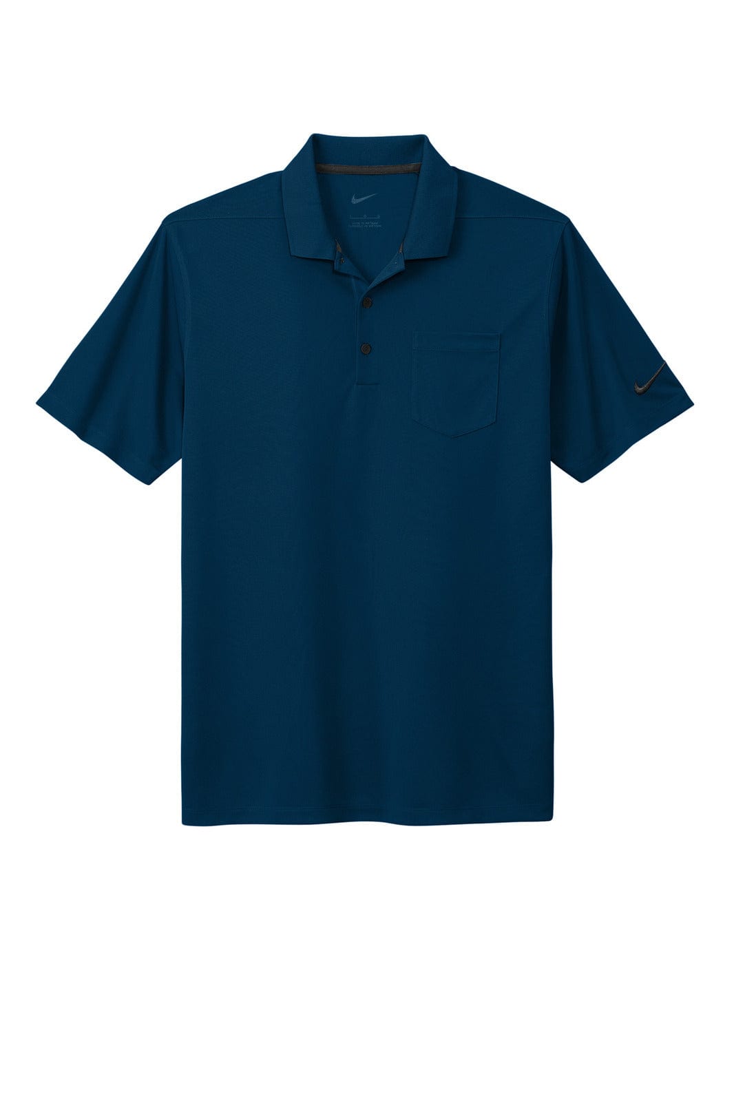 A navy blue polo shirt with a pocket and a small logo on the sleeve.