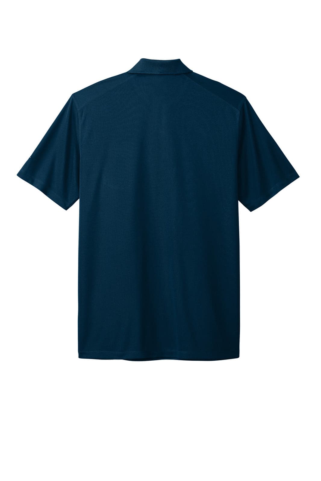 A navy polo shirt featuring a classic collar and short sleeves, with a logo on the back.