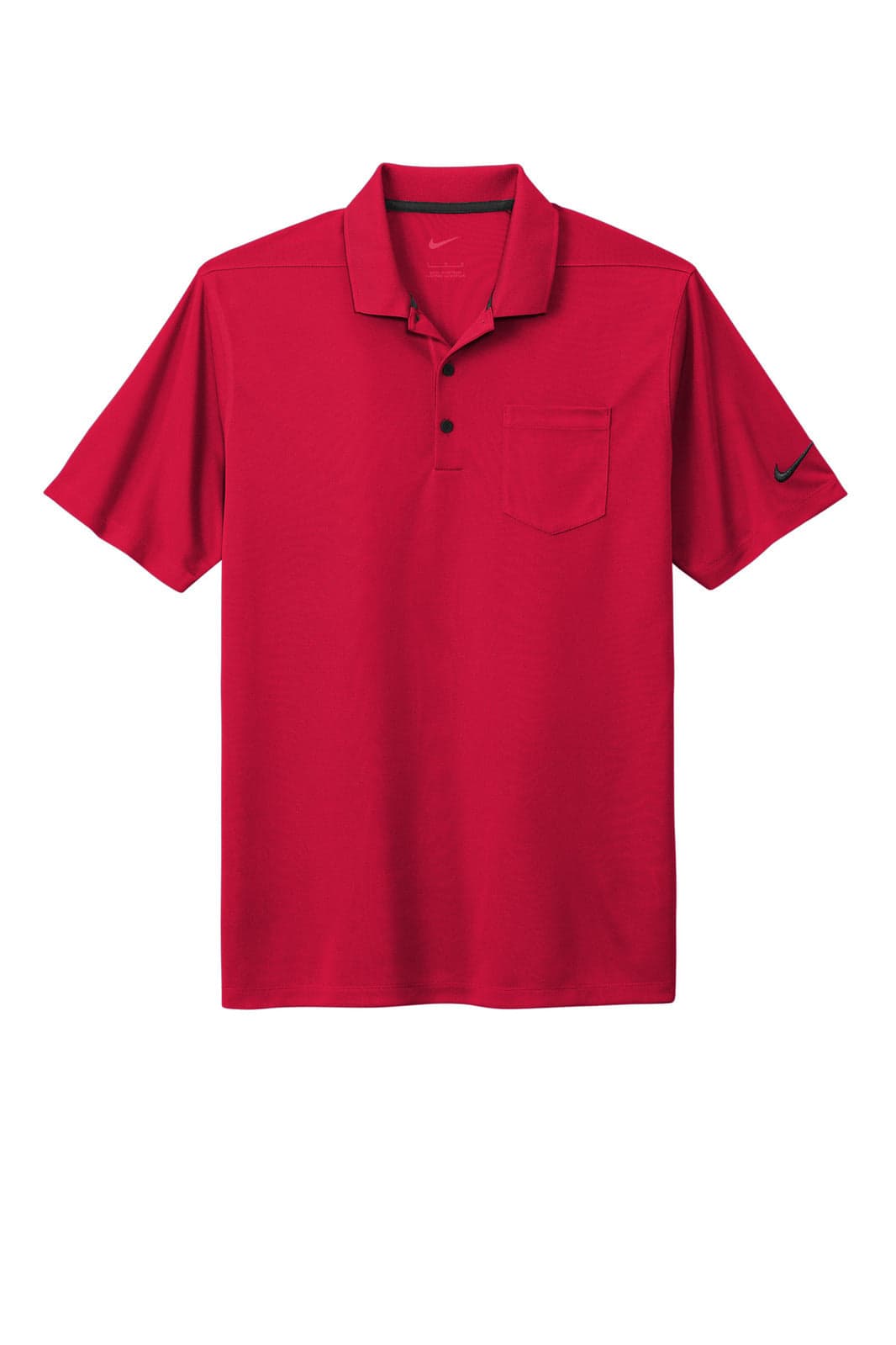 A red Nike Dri-FIT Micro Pique 2.0 pocket polo shirt with a logo on the sleeve.